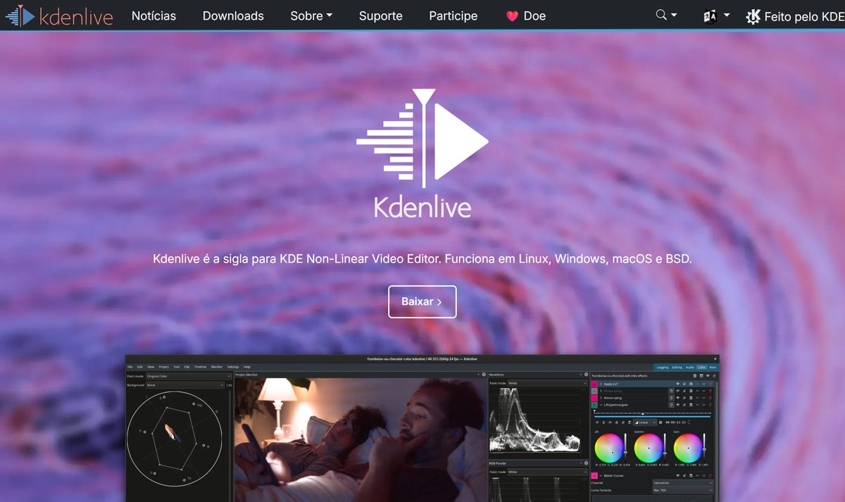 Site do Kdenlive em português, editor de vídeo grátis que roda no Linux, Windows e Mac