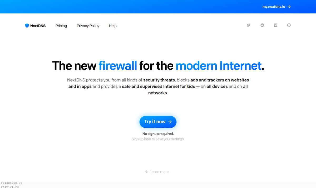 Site do NextDNS com a frase "The new firewall for the modern Internet" e o botão de testar sem cadastro
