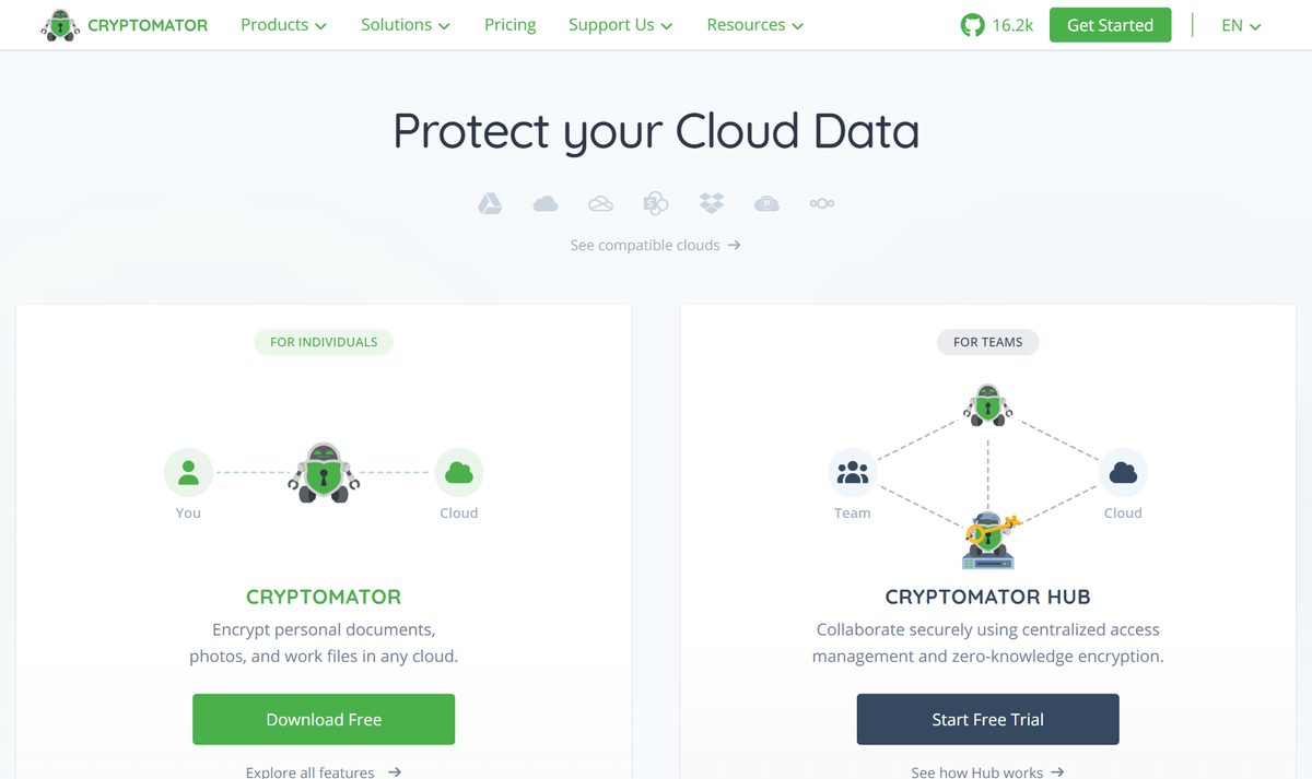 Site do Cryptomator, que criptografa seus arquivos antes de subir pra nuvem, com o botão de baixar grátis