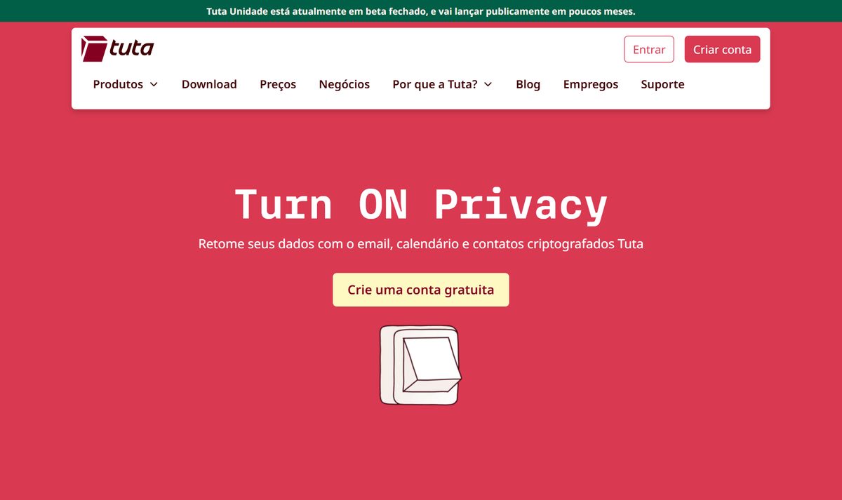 Site do Tuta em português, e-mail criptografado, com a frase "Turn ON Privacy" e o botão de criar conta grátis
