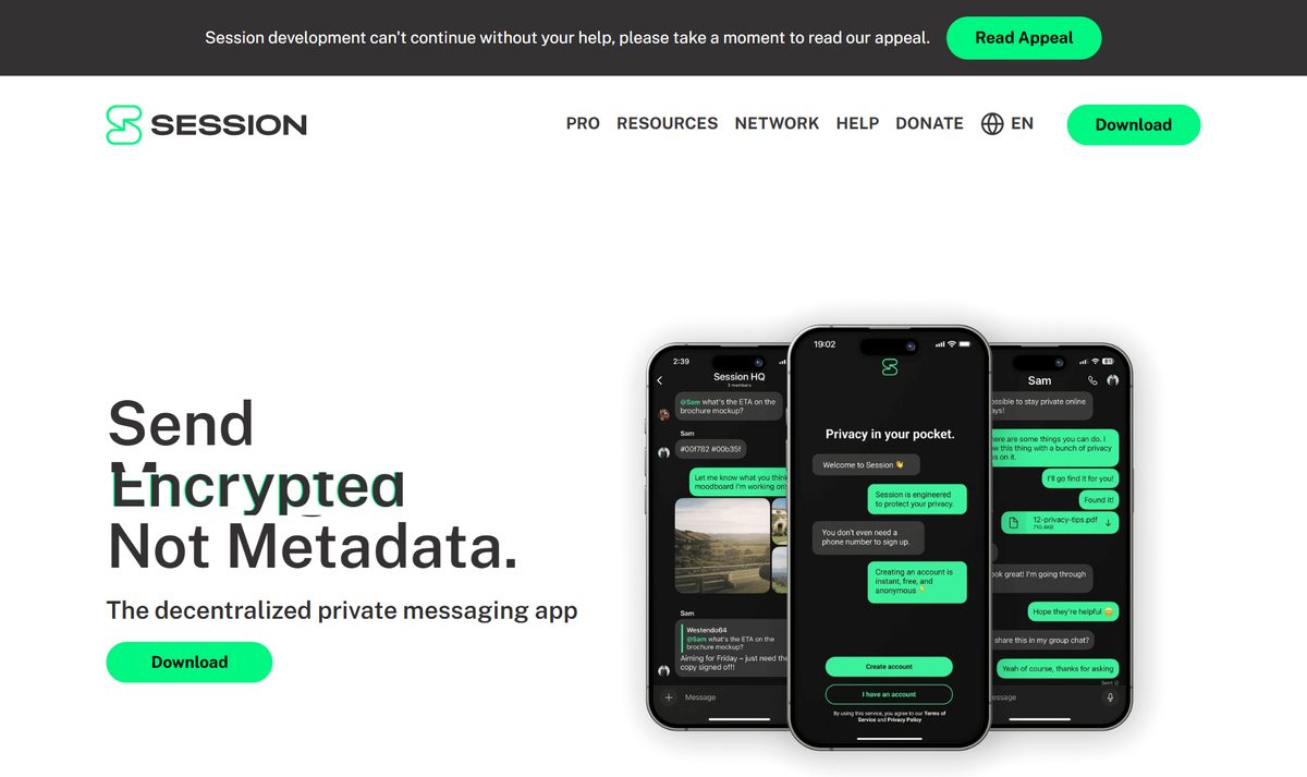 Site do Session, mensageiro que não pede número de telefone, com telas do app de conversa