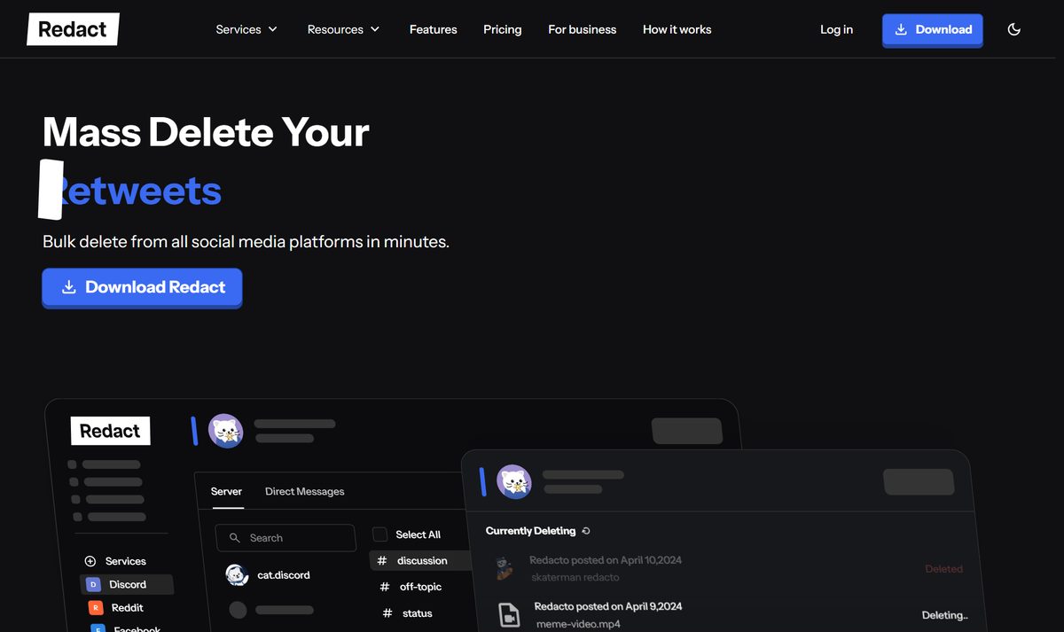 Site do Redact, que apaga em massa posts antigos das redes sociais, com o botão de baixar