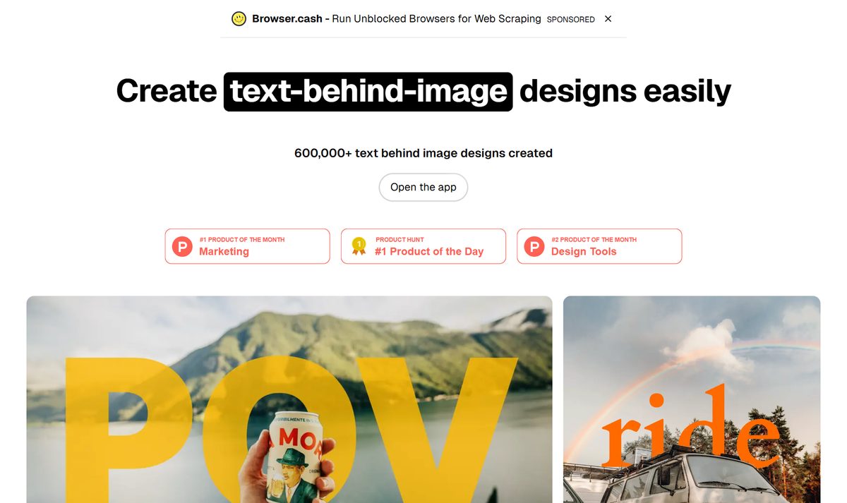 Site do Text Behind Image mostrando fotos com a palavra atrás da pessoa, o efeito de capa de revista