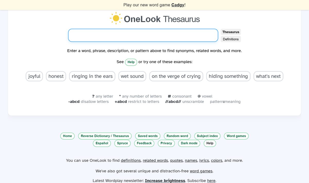 Site do OneLook, o dicionário reverso, com o campo pra descrever a palavra que você esqueceu
