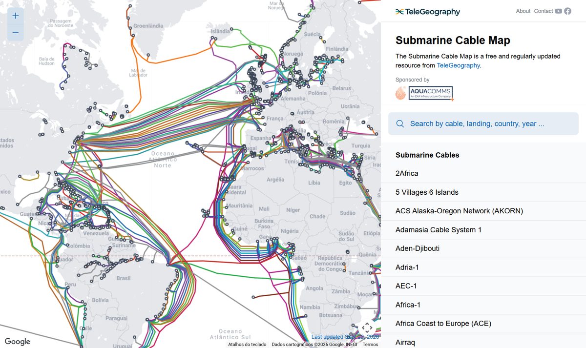 Mapa dos cabos submarinos de internet ligando os continentes pelo fundo do mar