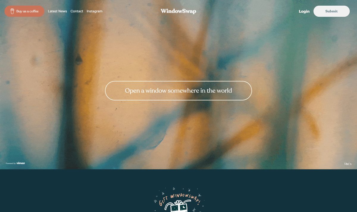 Site do WindowSwap com o convite "Open a window somewhere in the world", pra ver a janela de alguém em outro país