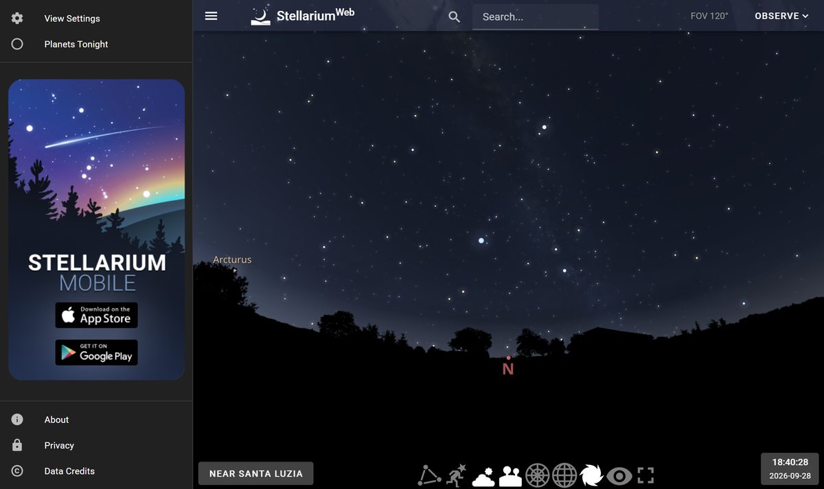 Stellarium Web mostrando o céu estrelado de agora, direto no navegador