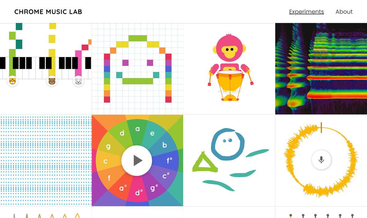 Site do Chrome Music Lab, experimentos do Google pra fazer música sem saber tocar, com quadradinhos coloridos de cada brincadeira