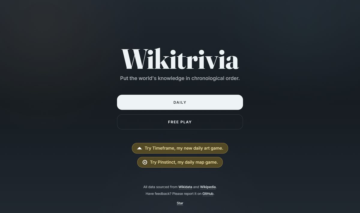 Site do Wikitrivia, jogo de colocar fatos da história na ordem certa, com os botões Daily e Free Play