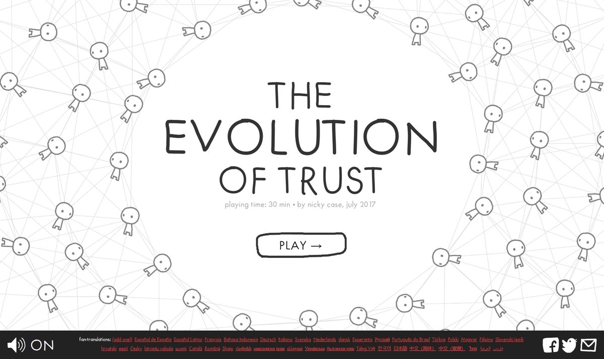 Tela de abertura do The Evolution of Trust, jogo interativo sobre confiança, com o botão Play