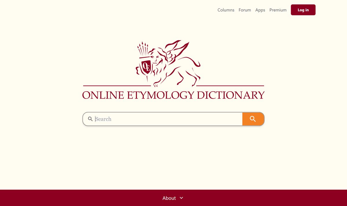 Site do Online Etymology Dictionary, o dicionário de onde veio cada palavra, com o campo de busca