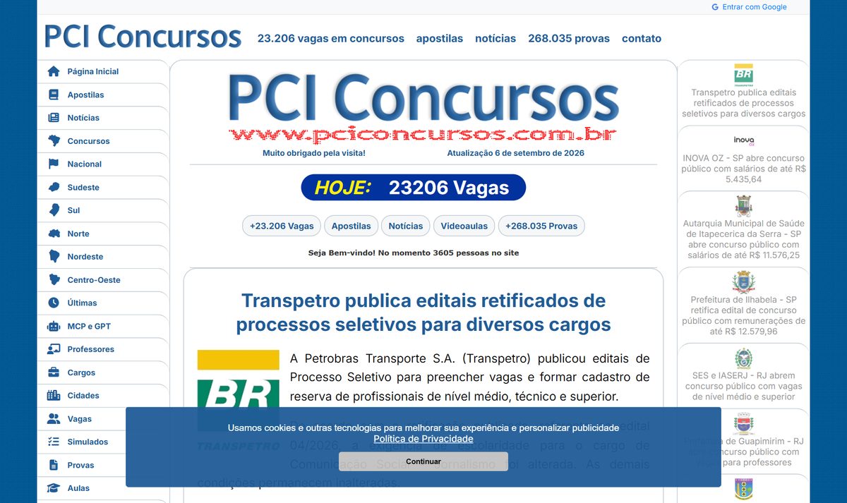 Tela inicial do PCI Concursos, com a chamada "PCI Concursos"