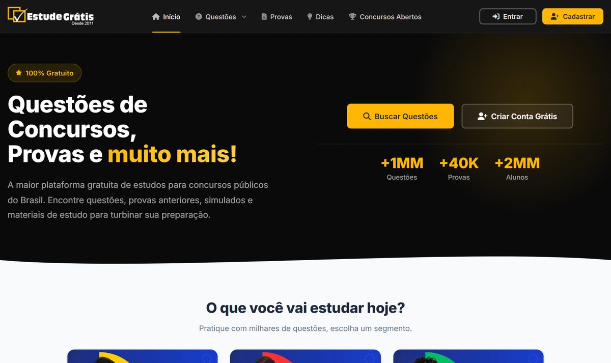 Tela inicial do Estude Grátis, com a chamada "Questões de Concursos, Provas e muito mais!"