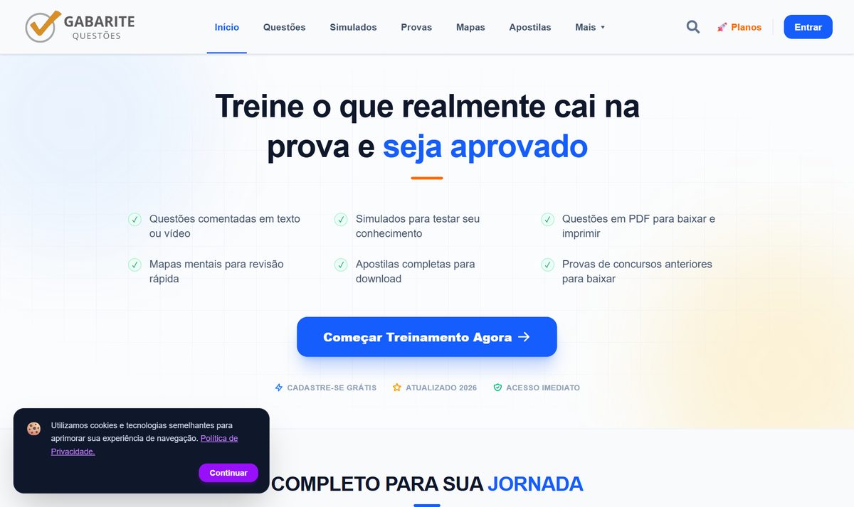 Tela inicial do Gabarite, com a chamada "Treine o que realmente cai na prova e seja aprovado"
