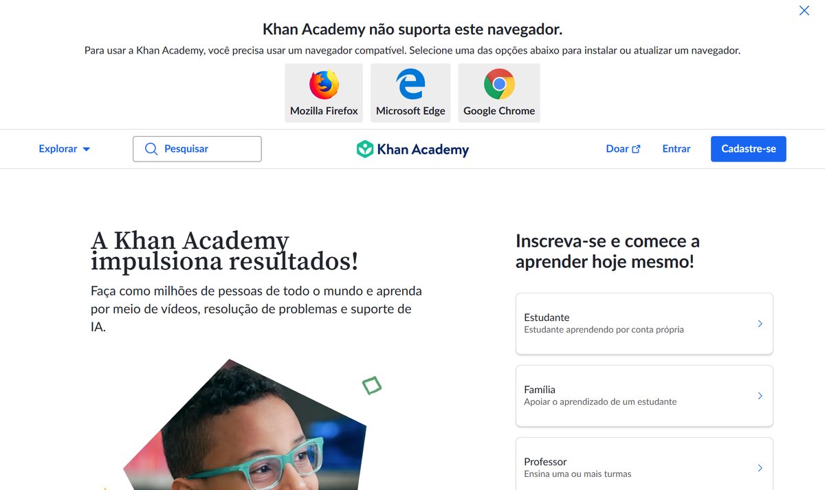 Página da Khan Academy em português, com a chamada "A Khan Academy impulsiona resultados!" e os três caminhos de entrada: estudante, família e professor