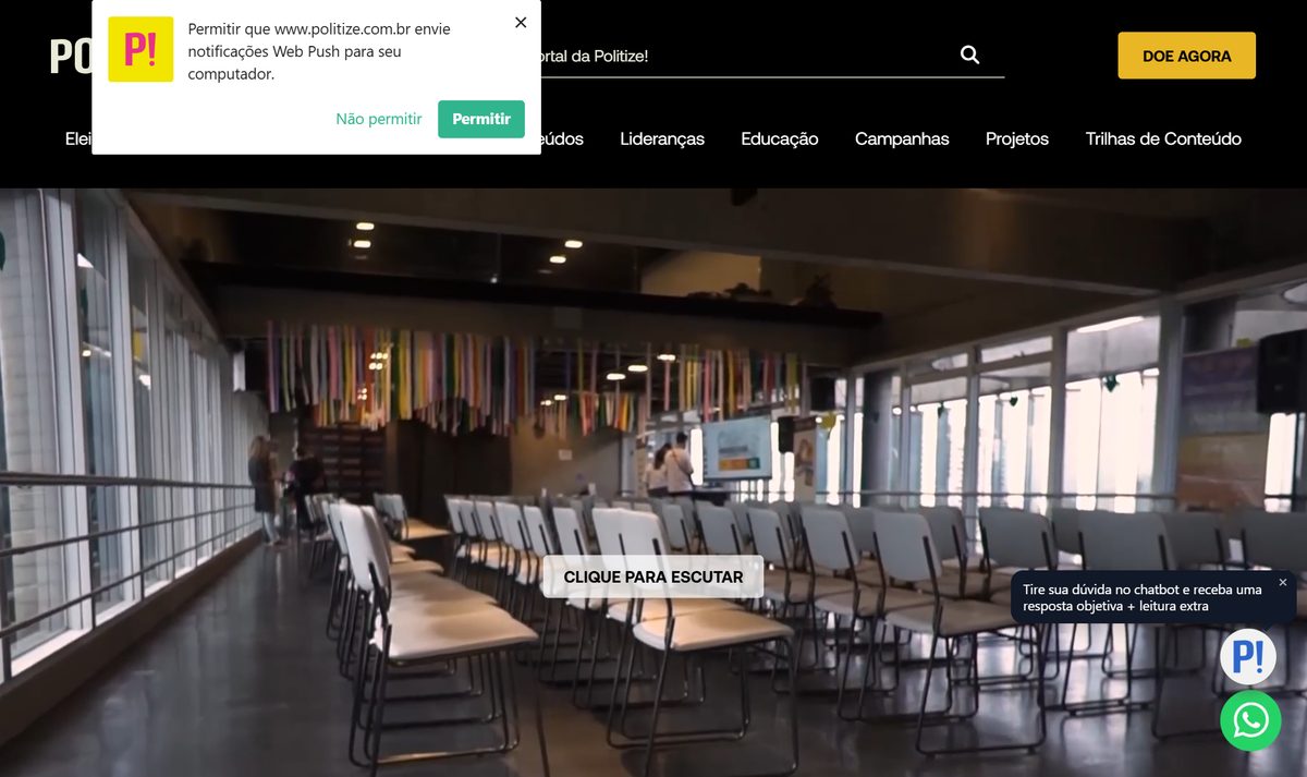Tela inicial do Politize!, com a chamada "Financiadores"