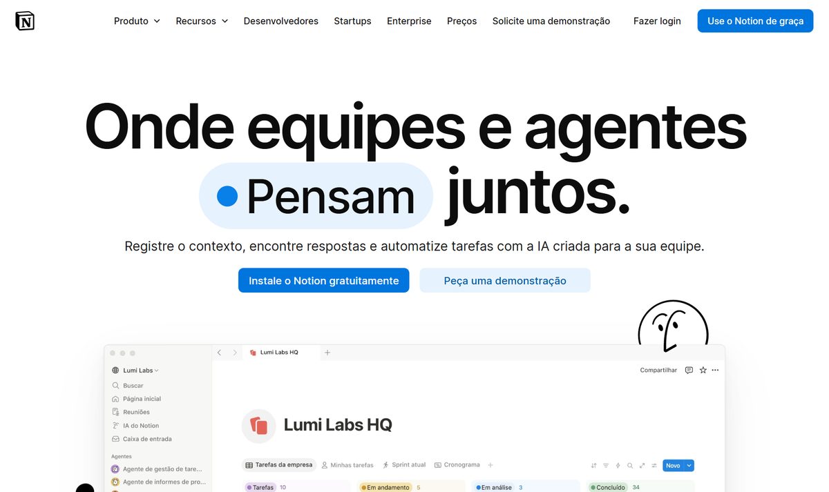 Tela inicial do Notion, com a chamada "The AI workspace that works for you."