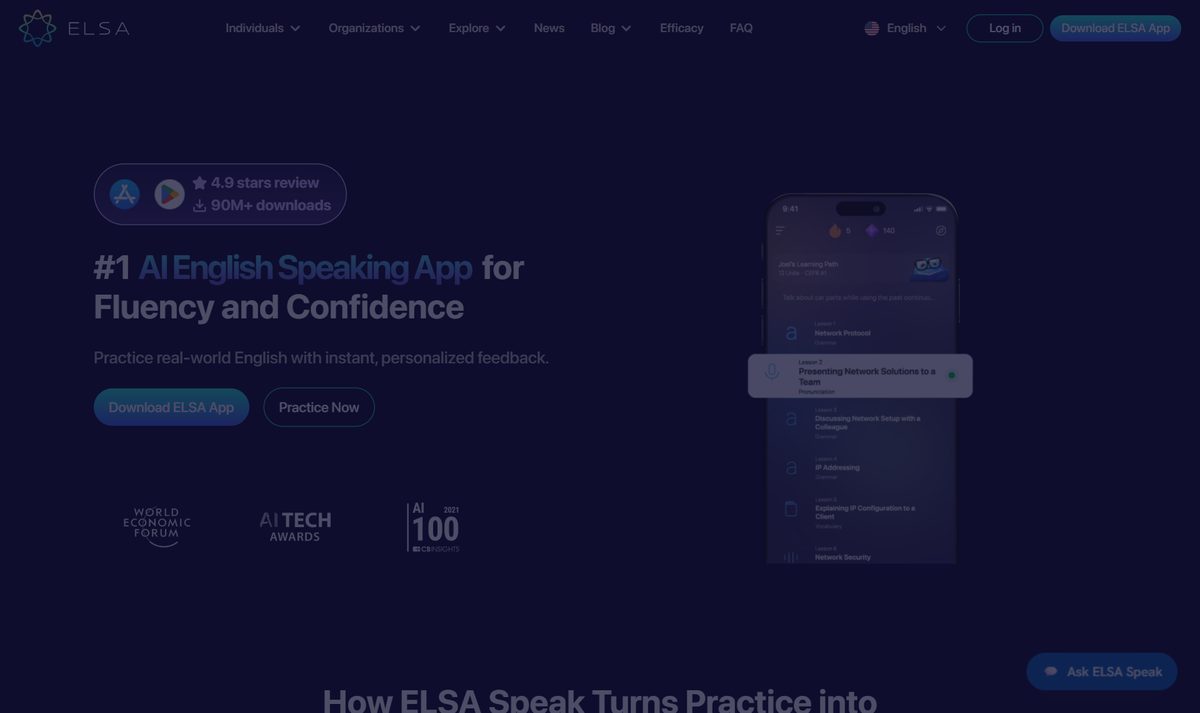 Página do ELSA Speak em tema escuro, com a chamada de app de conversação em inglês e a tela do aplicativo mostrando a trilha de estudo