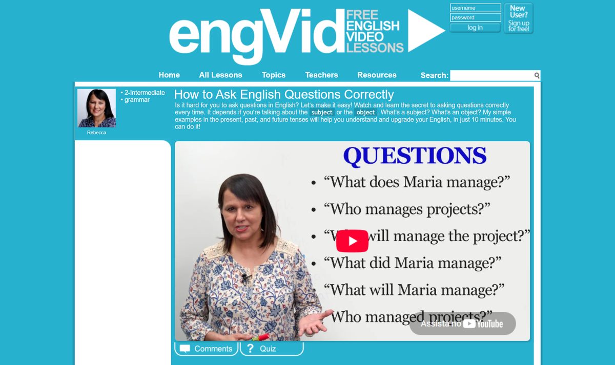 Tela inicial do engVid, com a chamada "engVid"