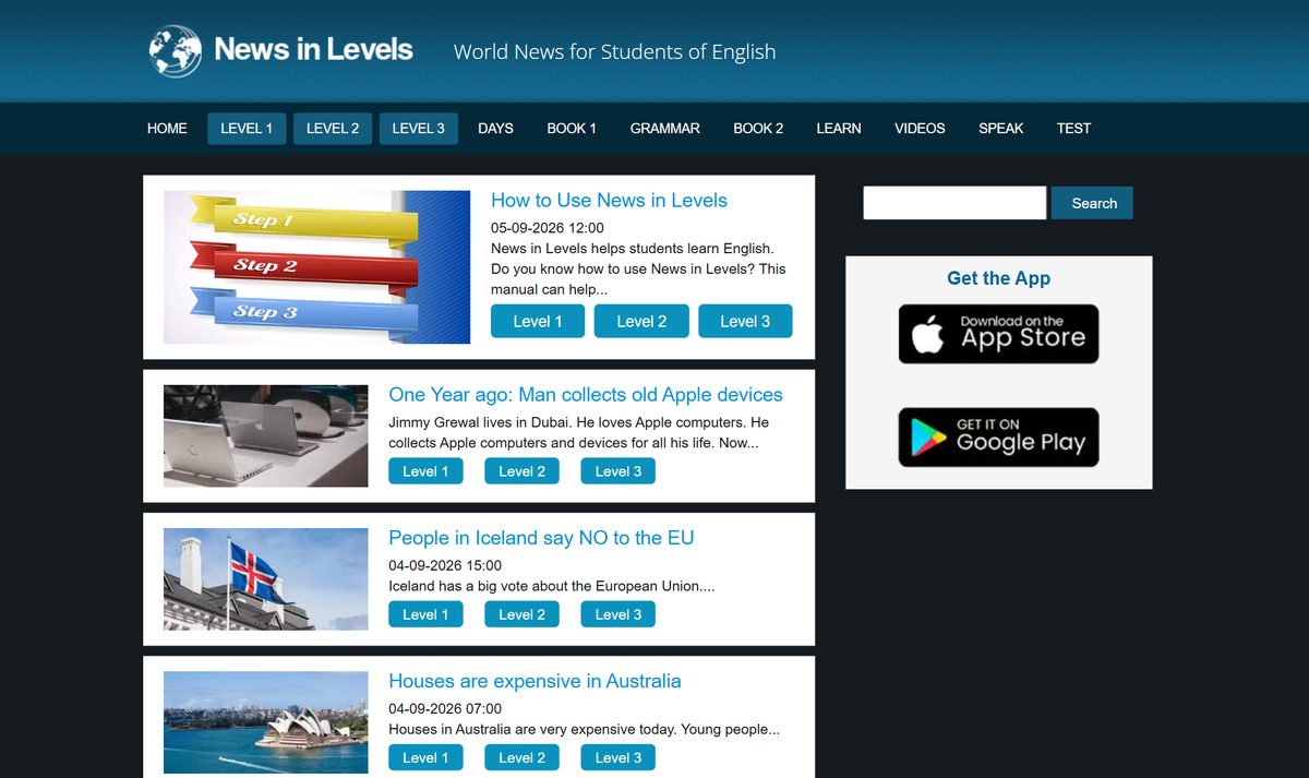 Tela inicial do News in Levels, com a chamada "World News for Students of English"