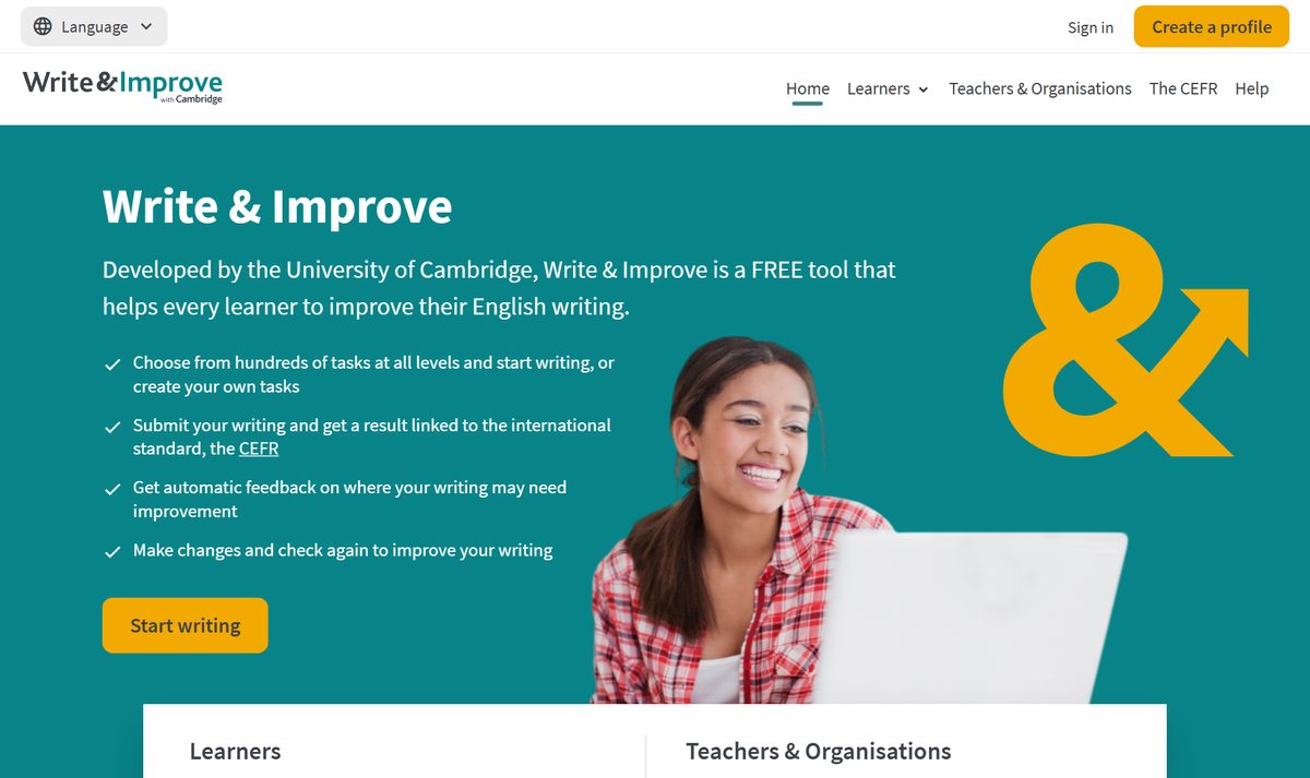 Tela inicial do Write & Improve, com a chamada "Write & Improve"