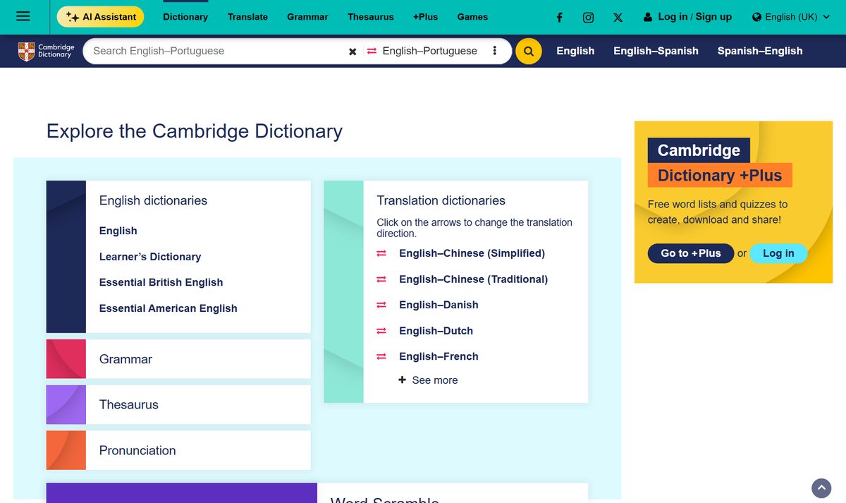 Tela inicial do Cambridge Dictionary, com a chamada "Explore the Cambridge Dictionary"