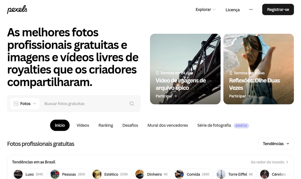 Página inicial do Pexels em português, com a busca de fotos gratuitas e a grade de tendências no Brasil