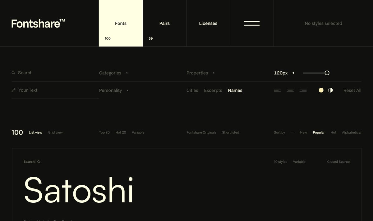 Tela inicial do Fontshare, com a chamada "Fontshare: Quality Fonts. Free."
