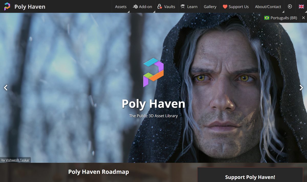 Tela inicial do Poly Haven, com a chamada "Poly Haven"