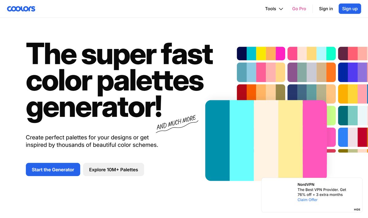 Tela inicial do Coolors, com a chamada "The super fast color palettes generator!"