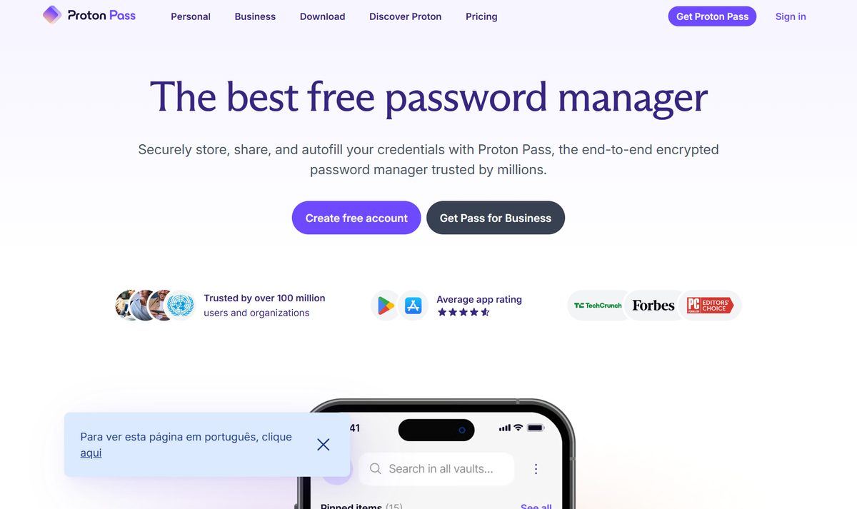 Tela inicial do Proton Pass, com a chamada "The best free password manager"