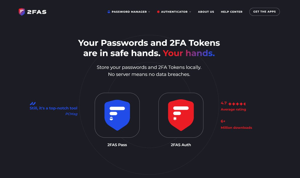 Tela inicial do 2FAS, com a chamada "Your Passwords and 2FA Tokens are in safe hands. Your hands."
