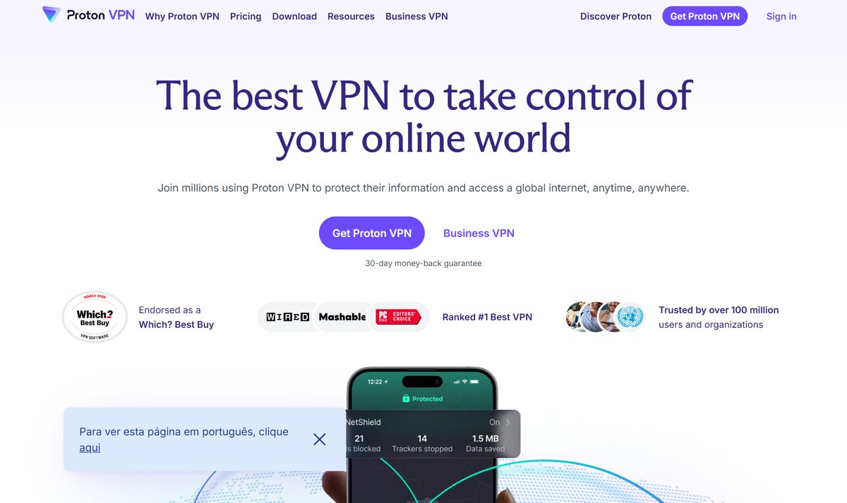 Tela inicial do Proton VPN, com a chamada "The best VPN to take control of your online world"