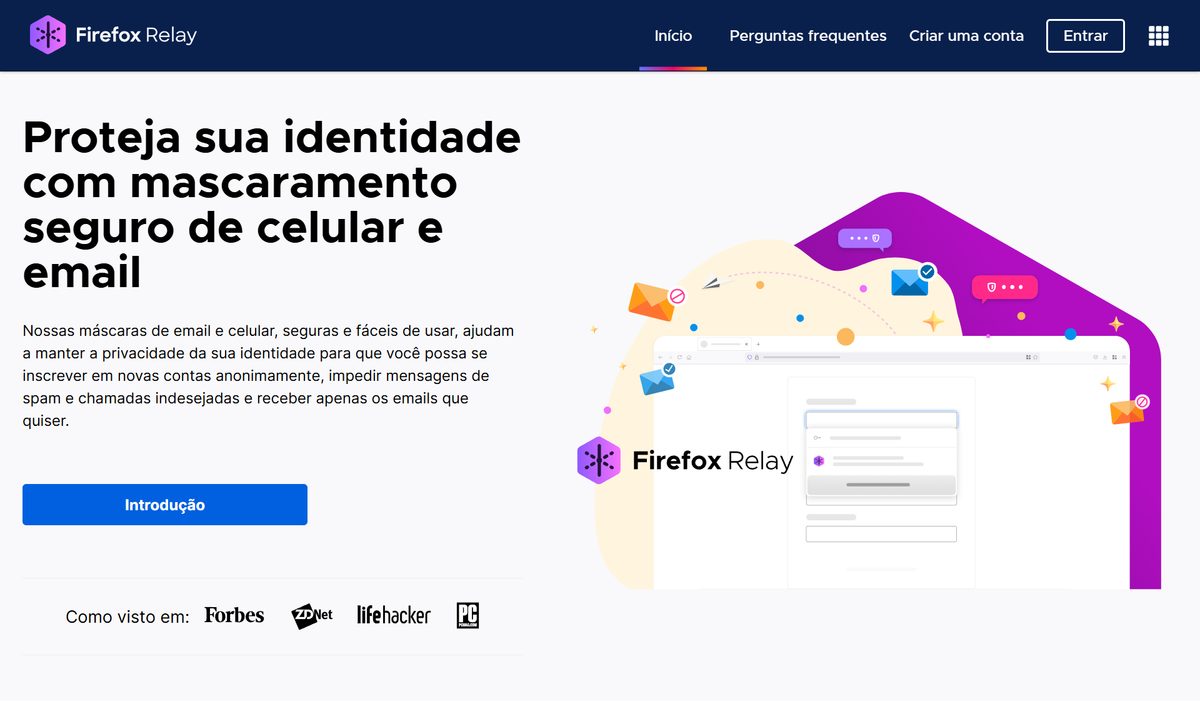 Tela inicial do Firefox Relay, com a chamada "Firefox Relay"