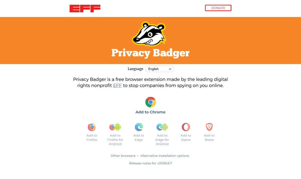Tela inicial do Privacy Badger, com a chamada "Privacy Badger"