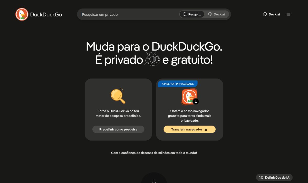 Tela inicial do DuckDuckGo, com a chamada "DuckDuckGo"