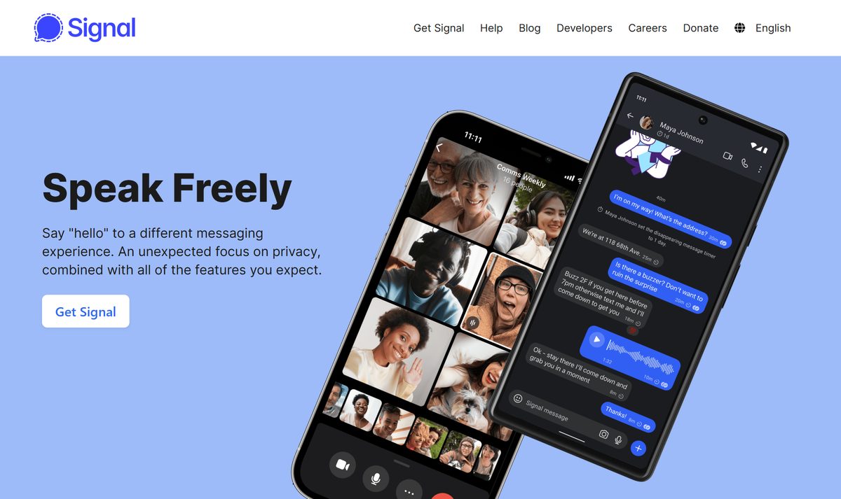 Tela inicial do Signal, com a chamada "Speak Freely"