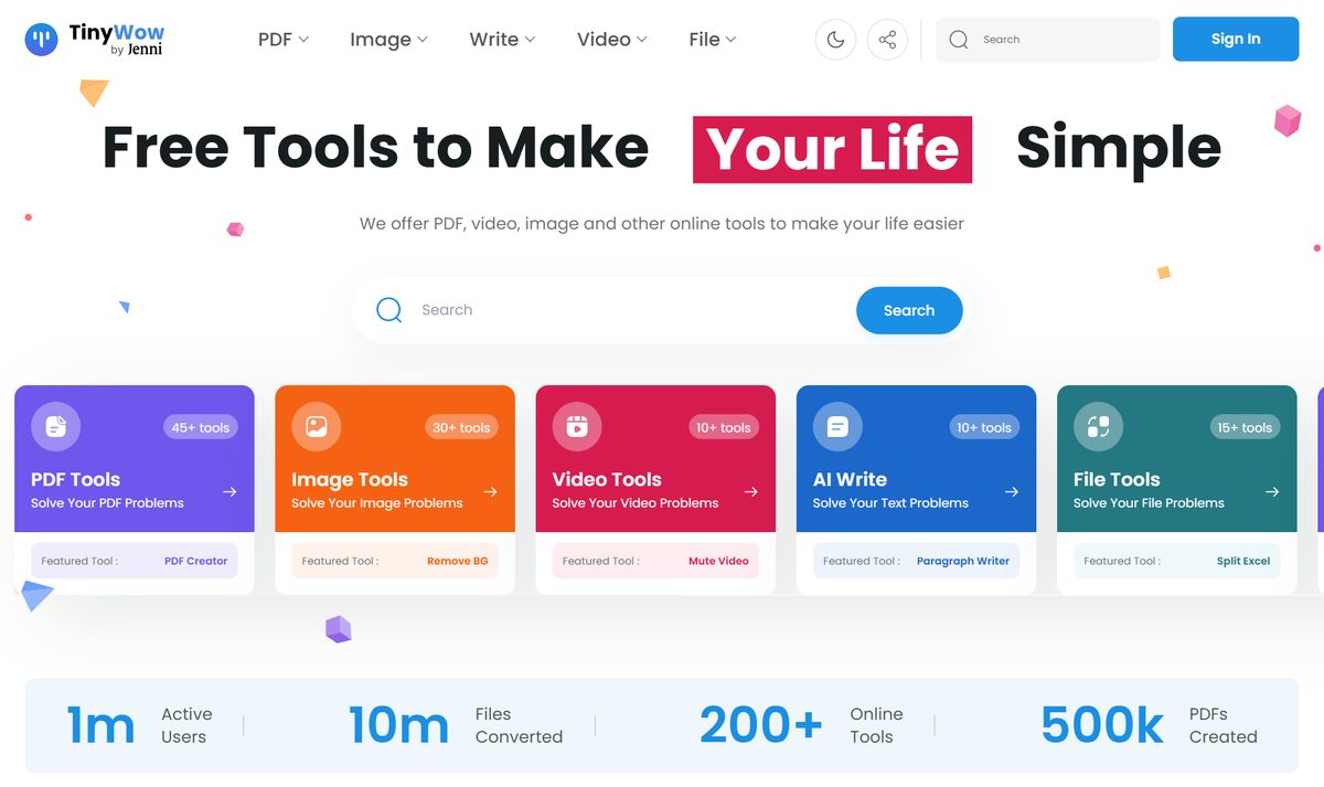 Tela inicial do TinyWow, com a chamada "Free AI Writing, PDF, Image, and other Online Tools"