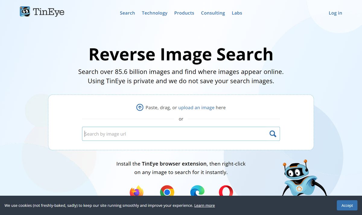 Tela inicial do TinEye, com a chamada "TinEye Reverse Image Search"