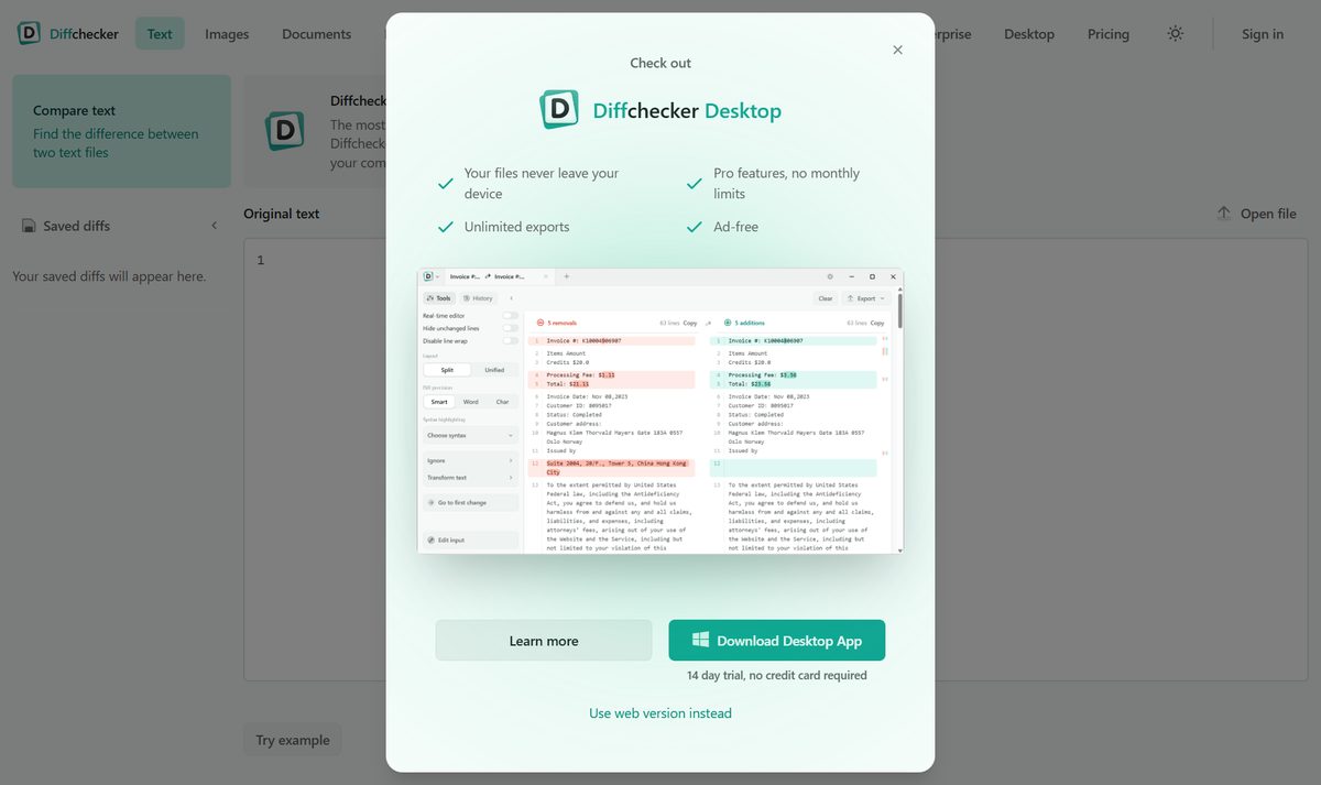 Tela inicial do Diffchecker, com a chamada "Compare text"