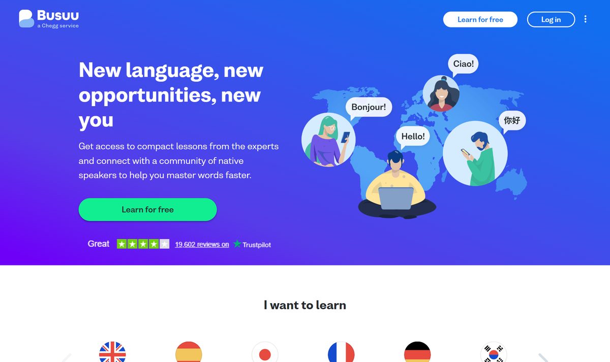 Tela inicial do Busuu, com a chamada "New language, new opportunities, new you"