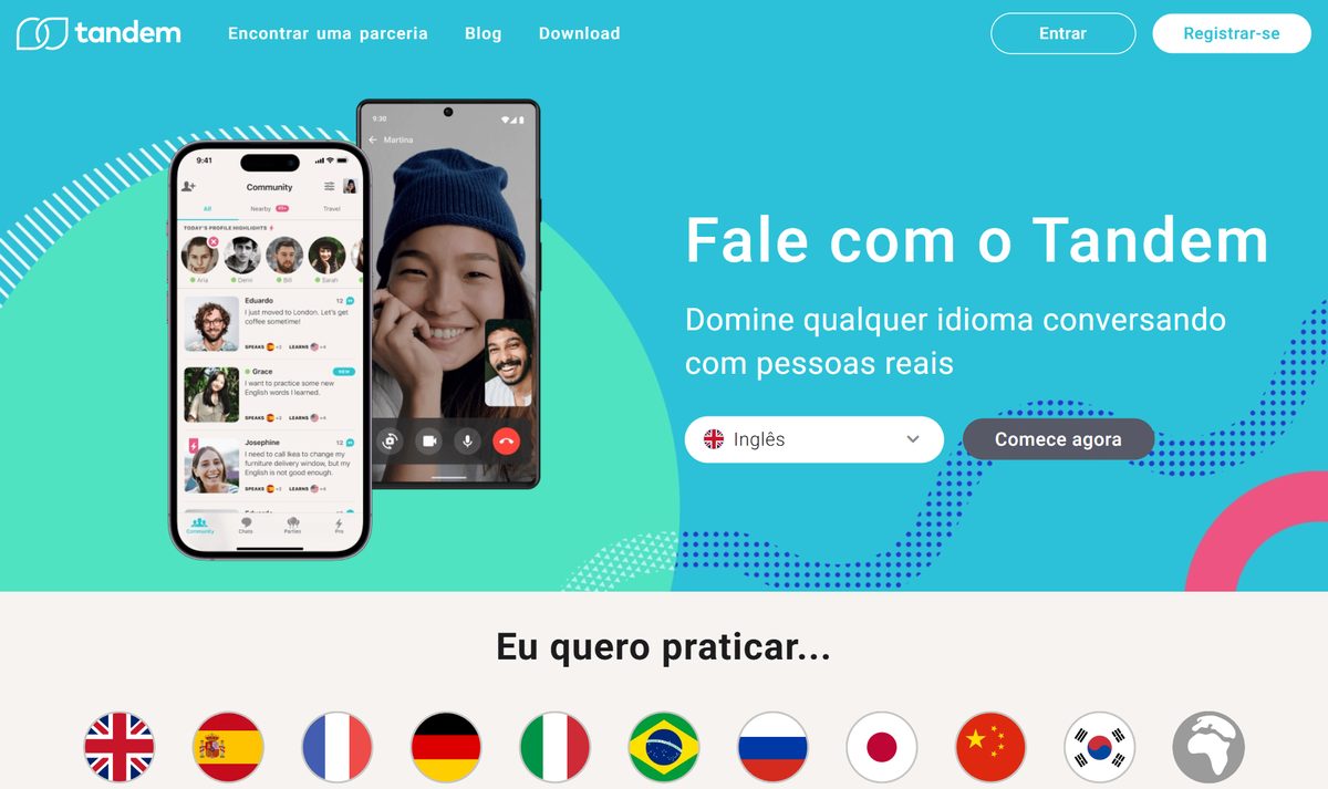 Tela inicial do Tandem, com a chamada "Fale com o Tandem"