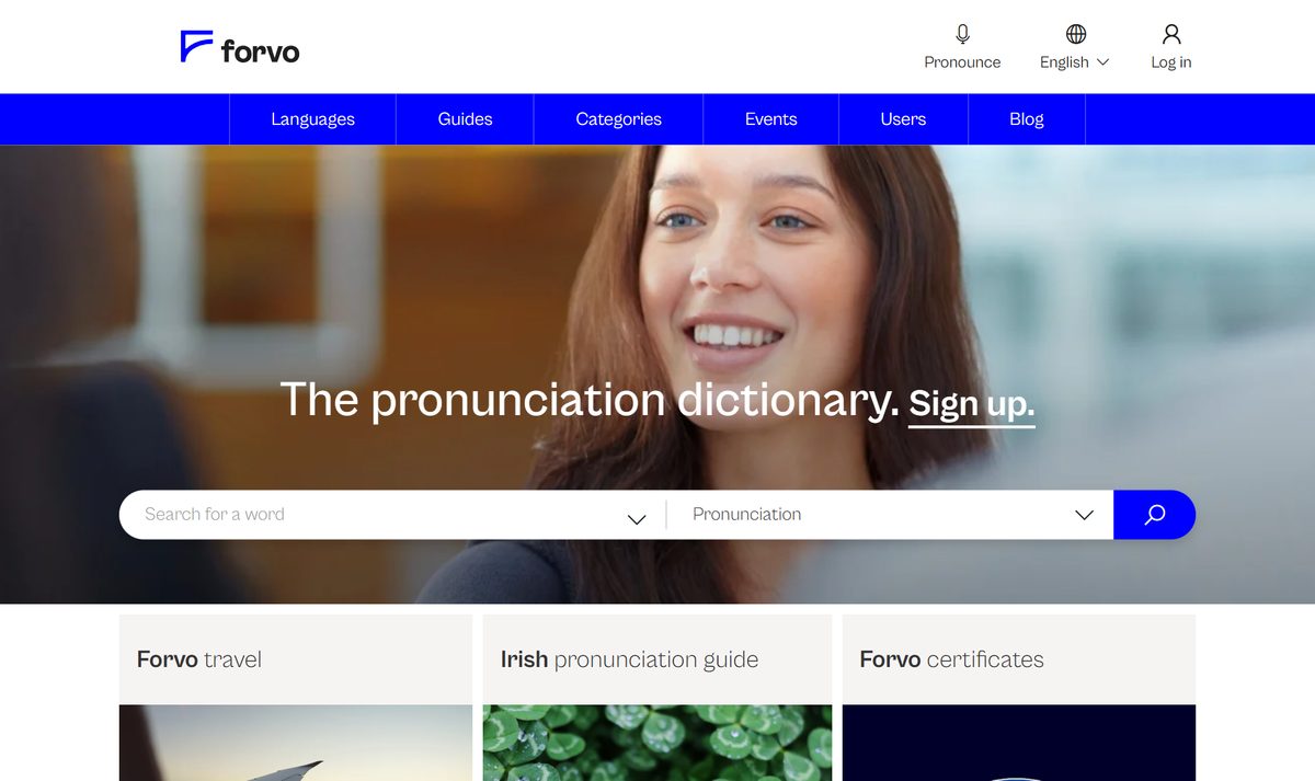 Página do Forvo com a chamada "The pronunciation dictionary" e o campo de busca de palavra para ouvir a pronúncia