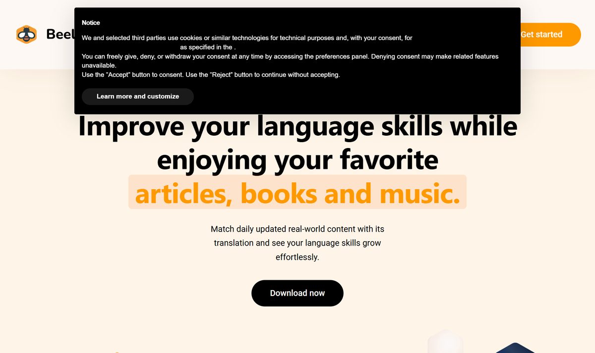 Tela inicial do Beelinguapp, com a chamada "Improve your language skills while enjoying your favorite articles, books and music."