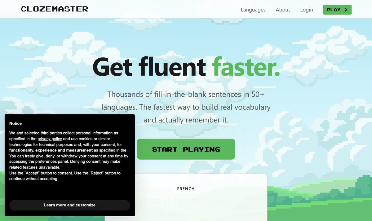 Tela inicial do Clozemaster, com a chamada "Get fluent faster."