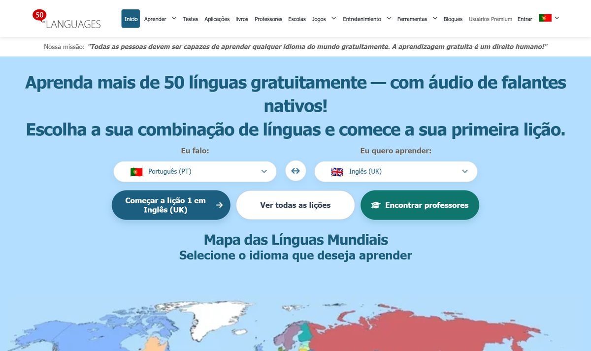 Página do 50 Languages em português, com os seletores "eu falo" e "eu quero aprender" e o mapa das línguas mundiais
