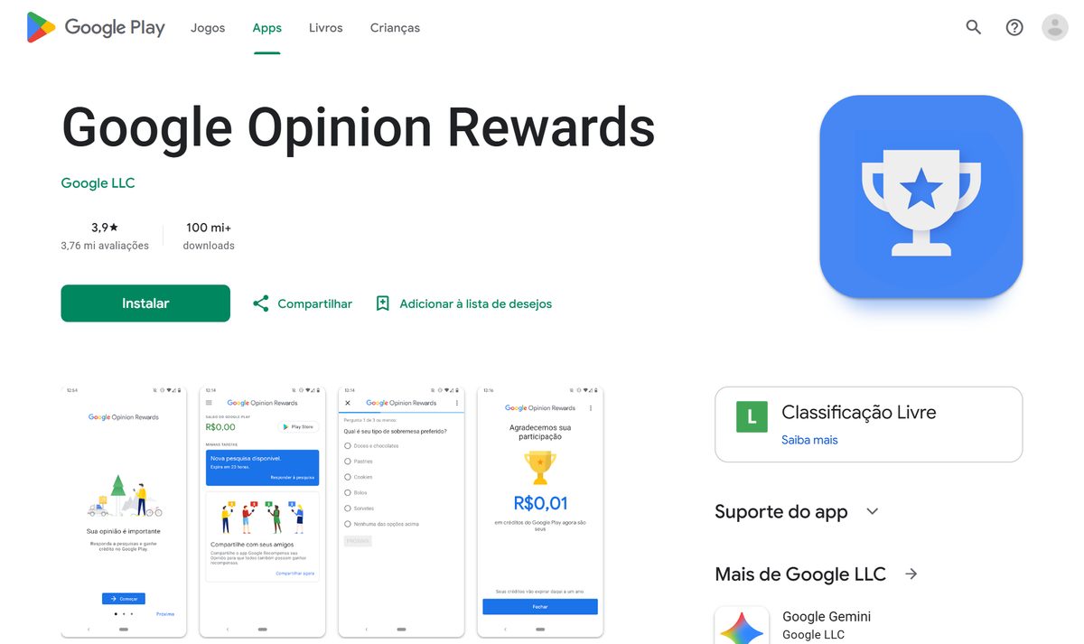 Tela inicial do Google Opinion Rewards, com a chamada "Google Opinion Rewards"