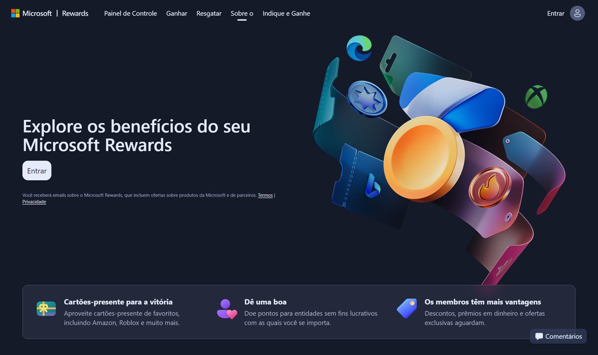 Tela inicial do Microsoft Rewards, com a chamada "Explore os benefícios do seu Microsoft Rewards"