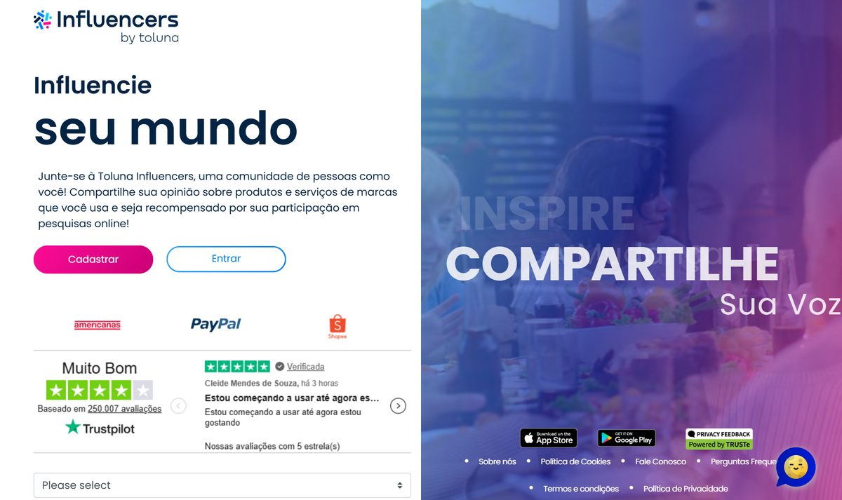 Tela inicial do Toluna, com a chamada "Influence Your World | Toluna"
