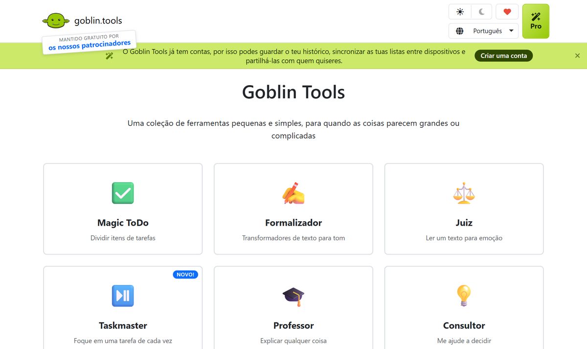 Tela inicial do Goblin Tools, com a chamada "Goblin Tools"